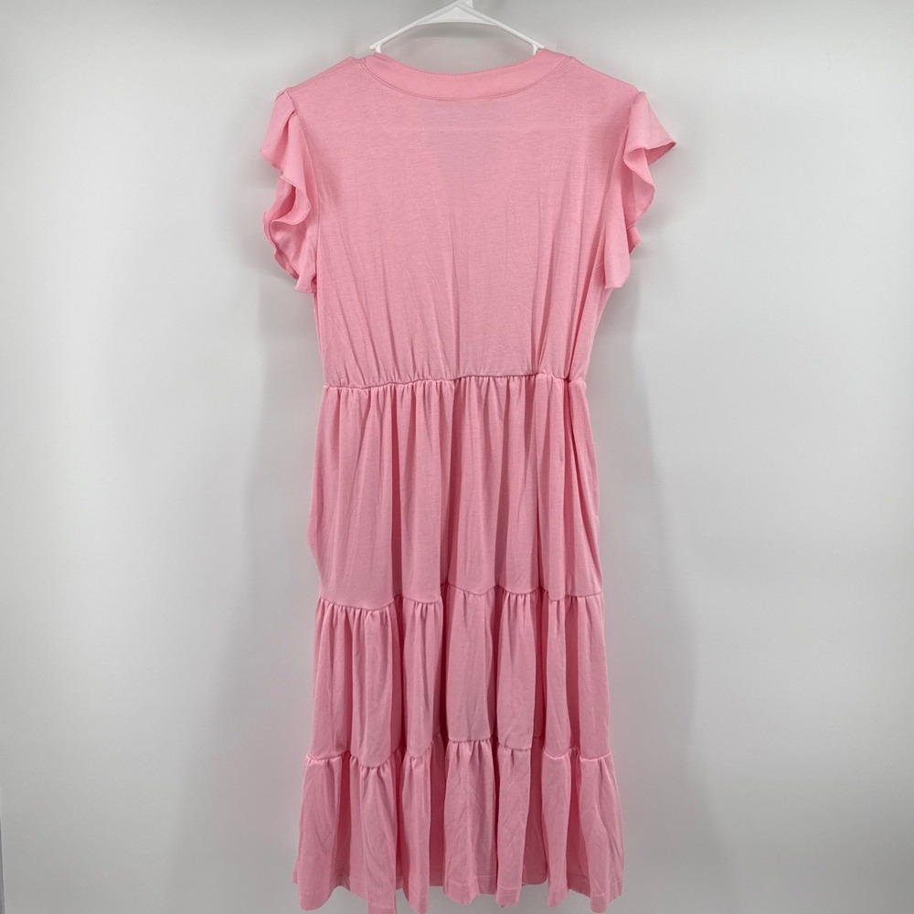 Yesfashion Pink Tiered Midi Dress Ruffle Cap Sleeve V-Neck Elastic Waist Small - Picture 2 of 7